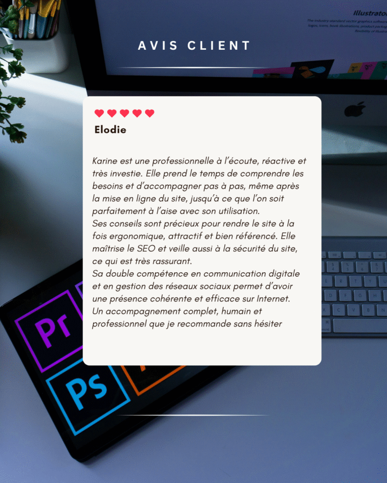 Avis client positif d'Elodie sur DigiSphere : "Karine est une professionnelle à l'écoute, réactive et très investie.