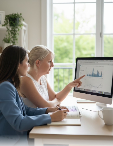 deux personnes devant l ordinateur sur l analyse de données et statistiques professionnelles affichées sur un ordinateur portable et un smartphone, bureau moderne